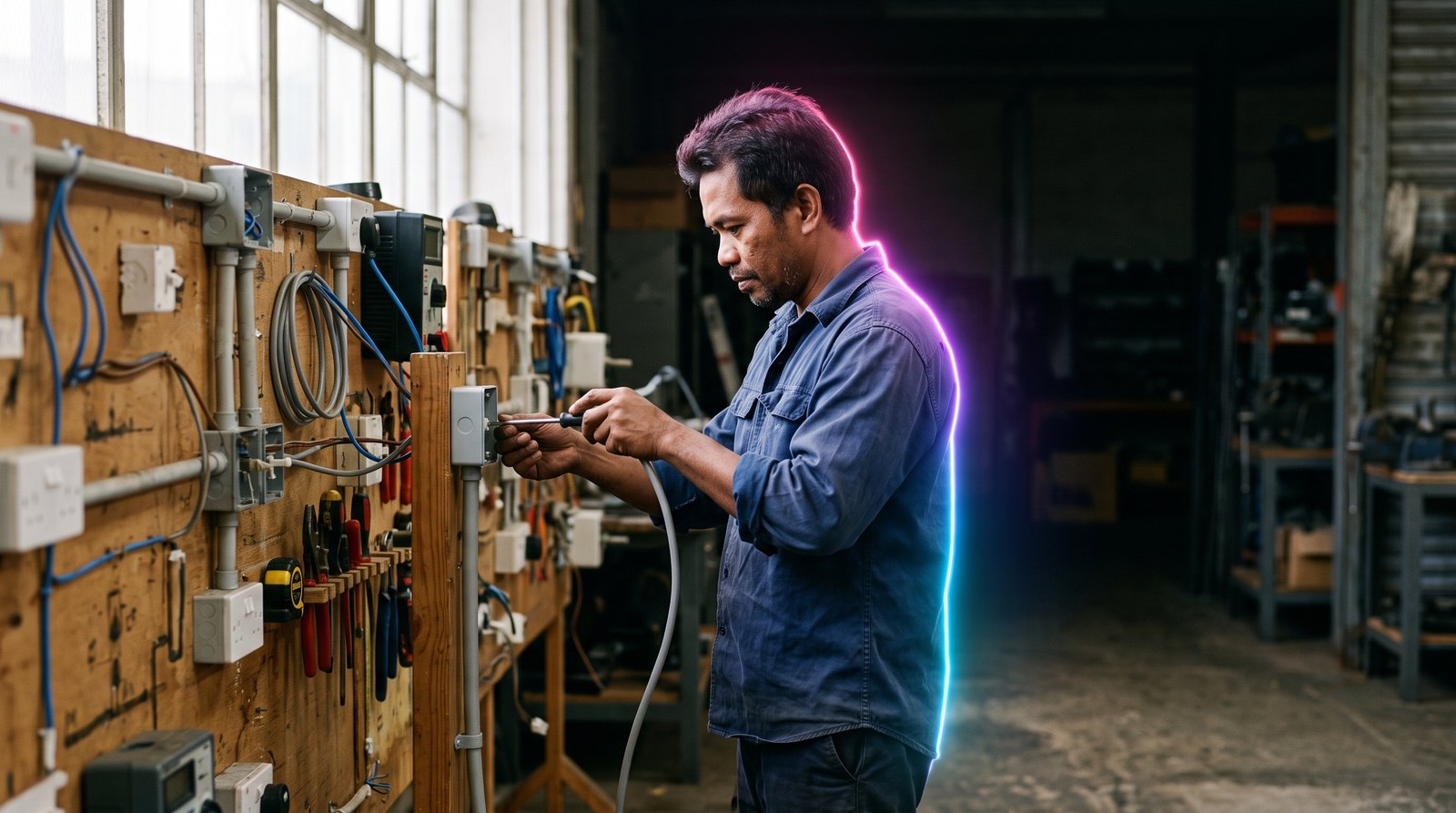 A Filipino electrician works on a practice wiring board in a skills training workshop in the Philippines.