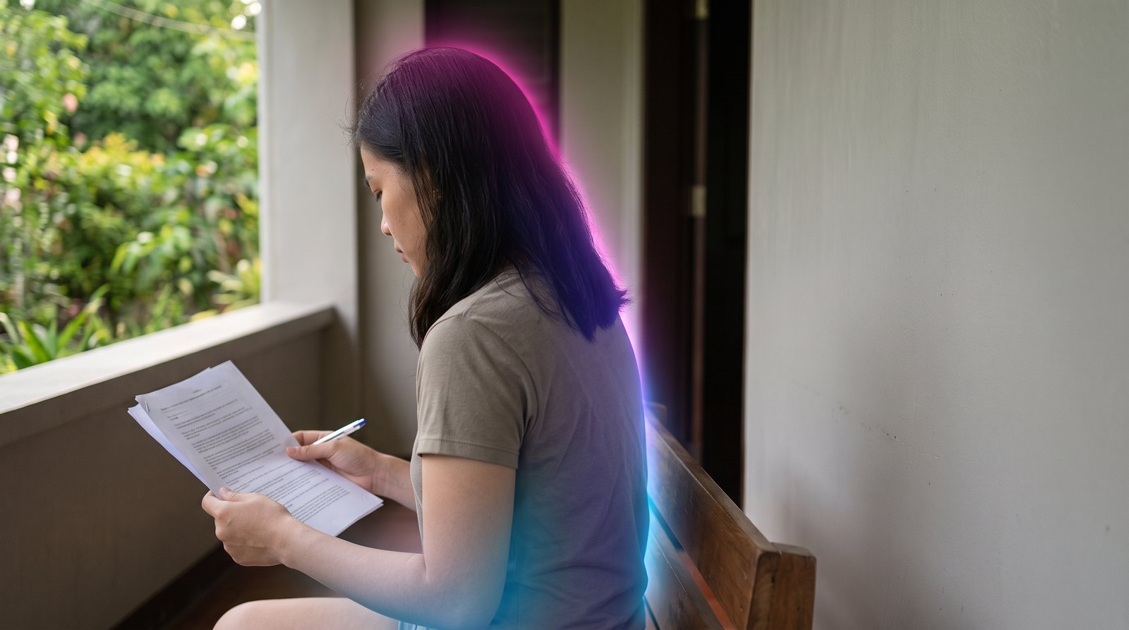 A young Filipina reads a printed au pair contract with a pen in hand on the covered terrace of her family home.