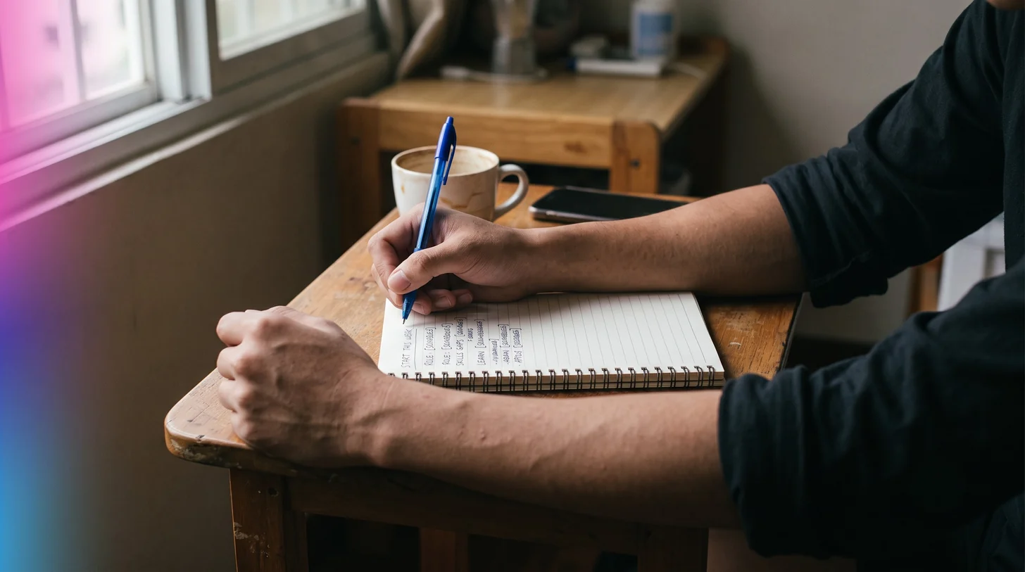 Close, candid shot of a young Filipino graduate's hands writing a short list in a notebook at a small table by a window