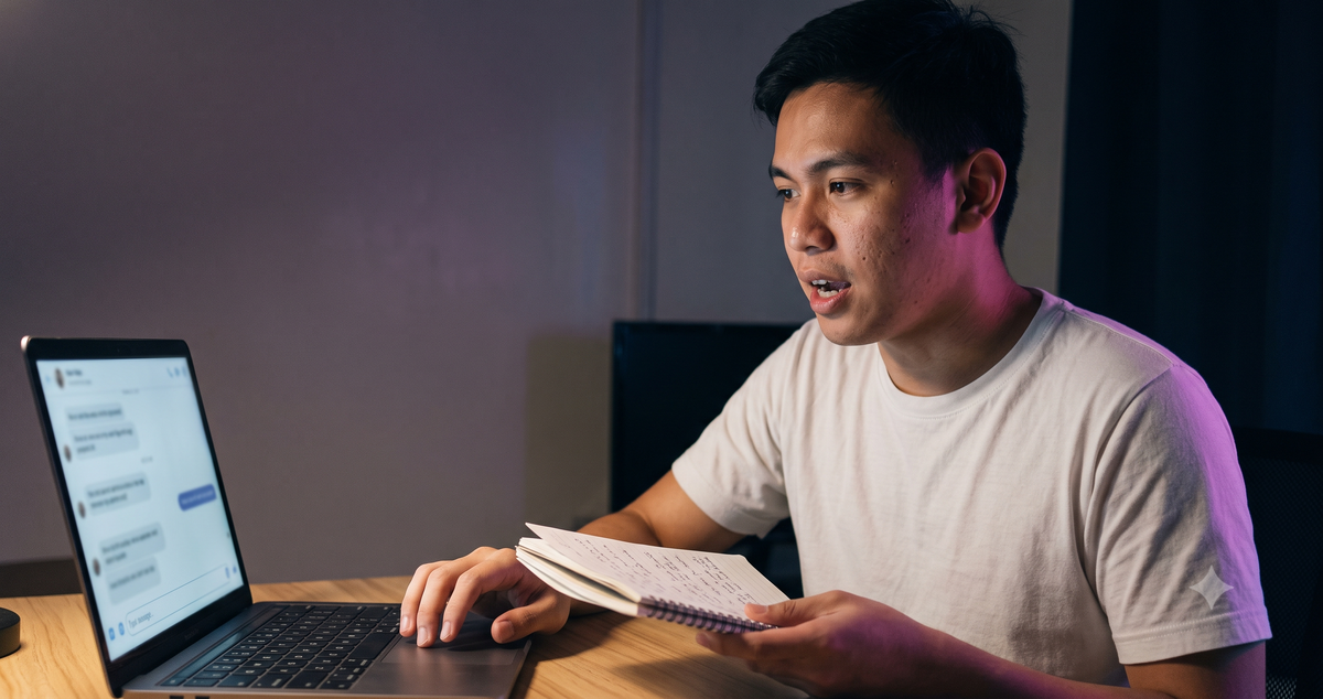 A Filipino student practising a mock interview with an AI chat assistant on a laptop, notes in hand and plainly in charge of the tool