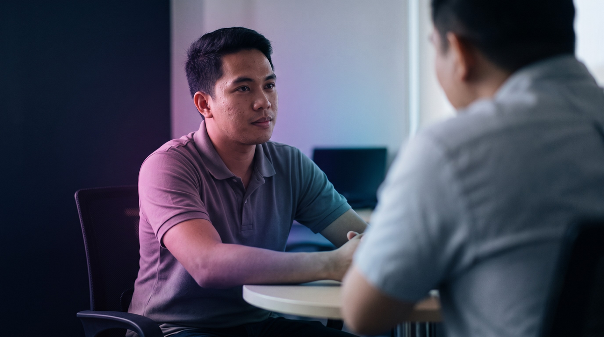 A Filipino new employee listening calmly during a feedback conversation with a manager across a desk, both at ease
