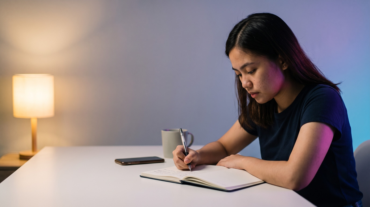 A Filipino fresh graduate practising a STAR-method interview answer, talking through a real story step by step