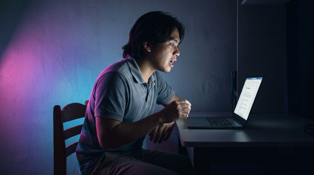 A Filipino graduate rehearsing a mock interview on a laptop, building quiet confidence one practice run at a time