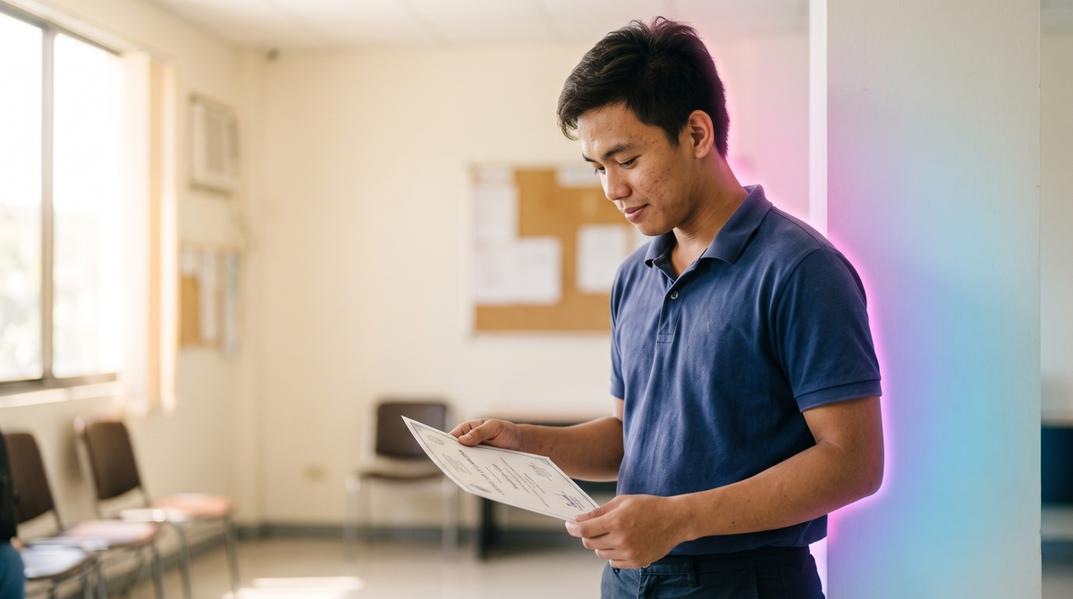 A smiling young Filipino graduate holding a certificate of completion, captured in a proud recognition moment at the closing ceremony.