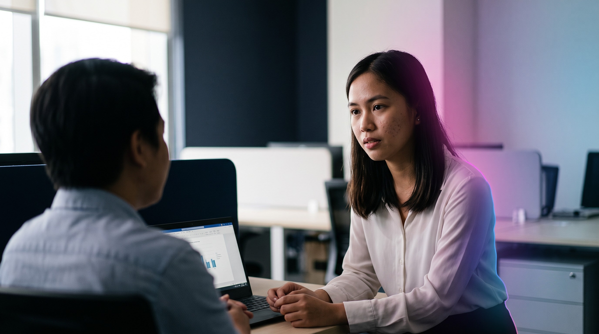 A young professional calmly owning a mistake at work, explaining what happened and how they fixed it