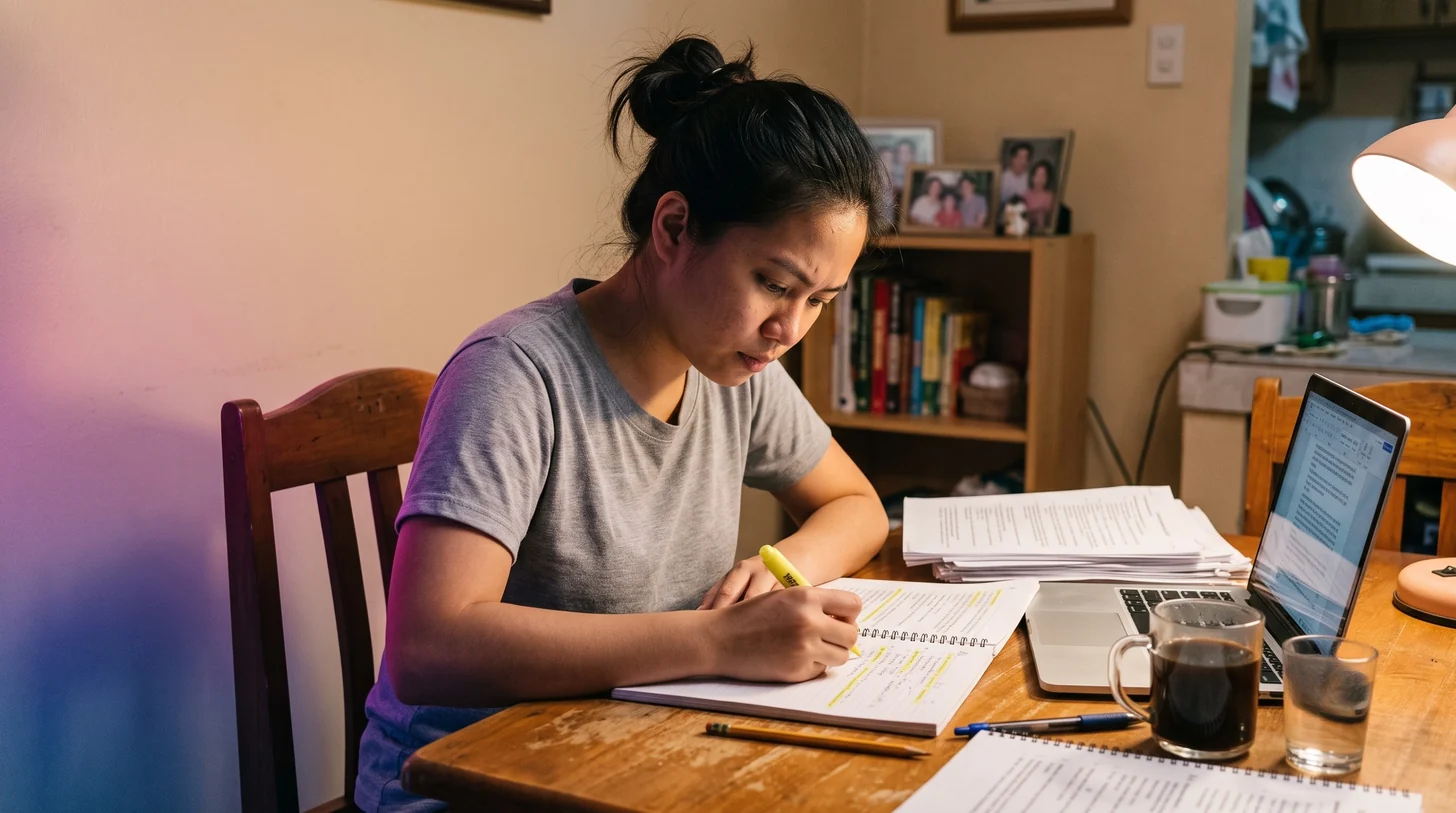 A Filipino nursing graduate studies at home at night for her licensing and English exams, notebook and laptop open.