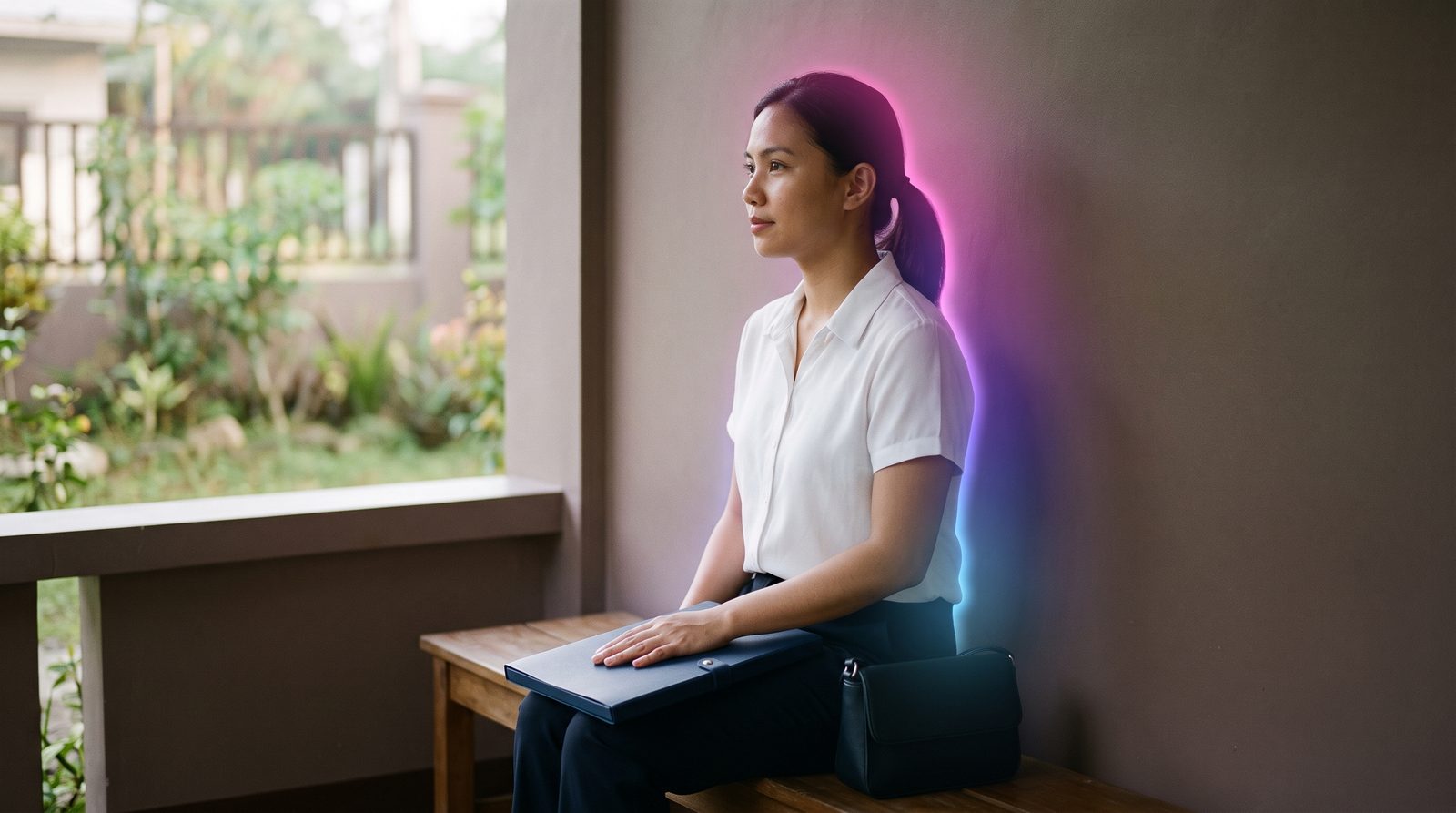 A Filipina in a pressed blouse sits on the front porch of her family home in the early morning, a plain document folder on her lap, ready for her embassy appointment.