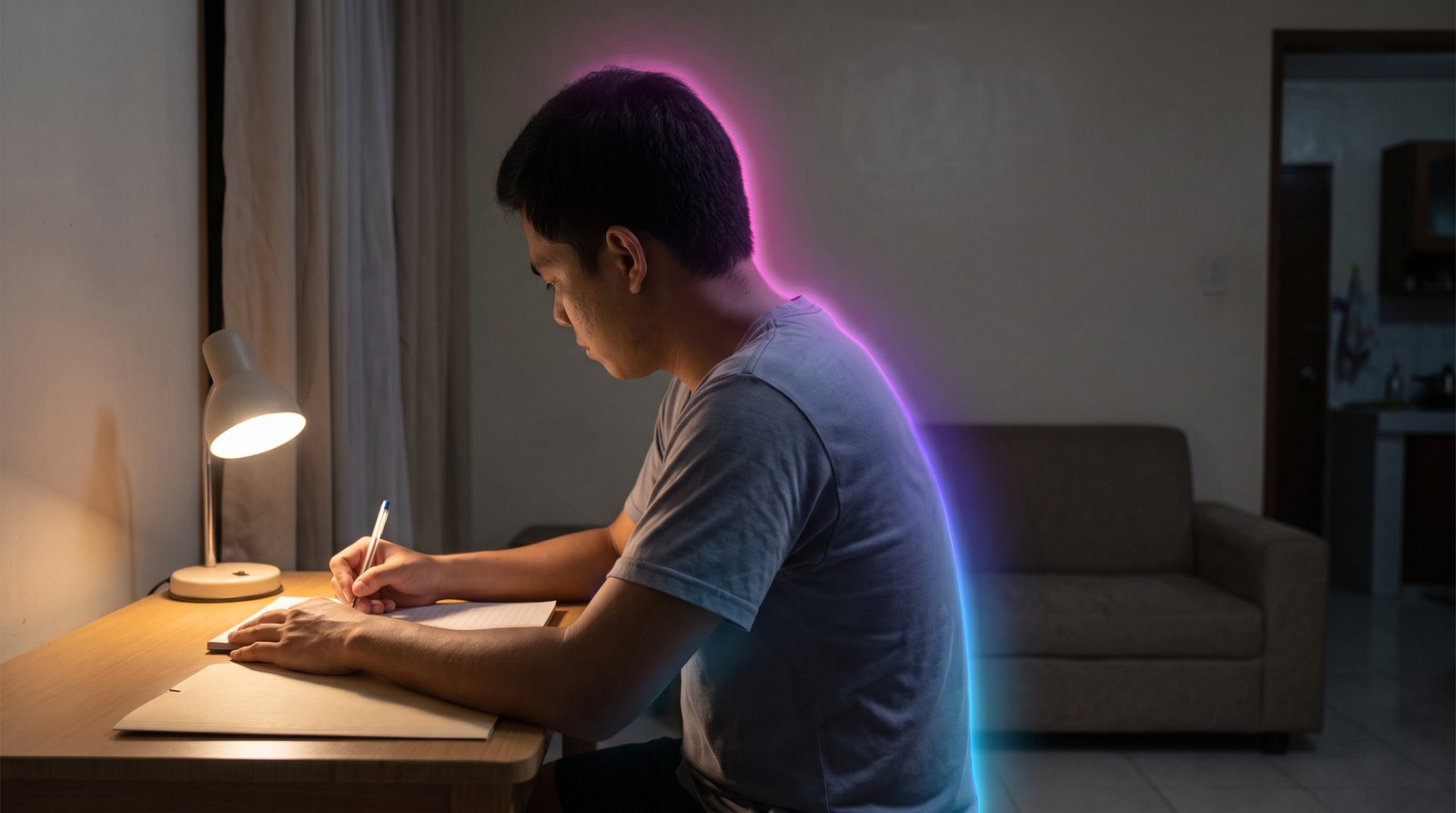 A young Filipino graduate writes a plan by hand at a small table at home in the Philippines in the evening, under a desk lamp.