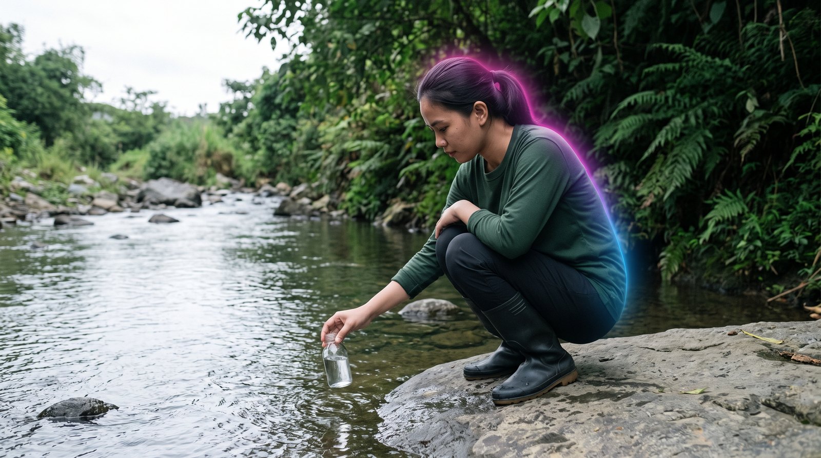 A young Filipina graduate fills a sample bottle at a shallow stream while running her own small field research project.
