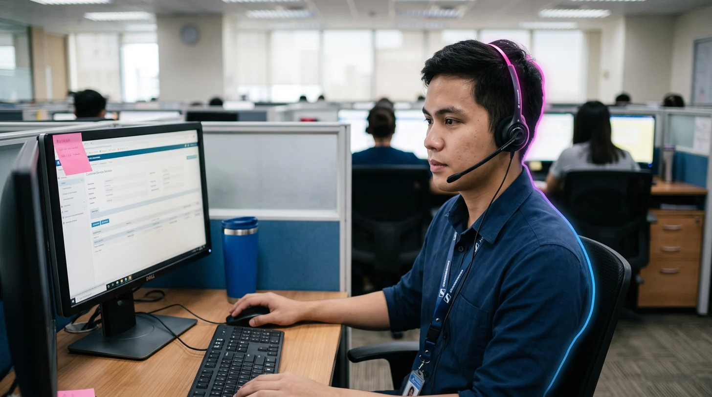Young Filipino contact-center employee at his workstation wearing a headset, focused mid-shift in a real open-plan office