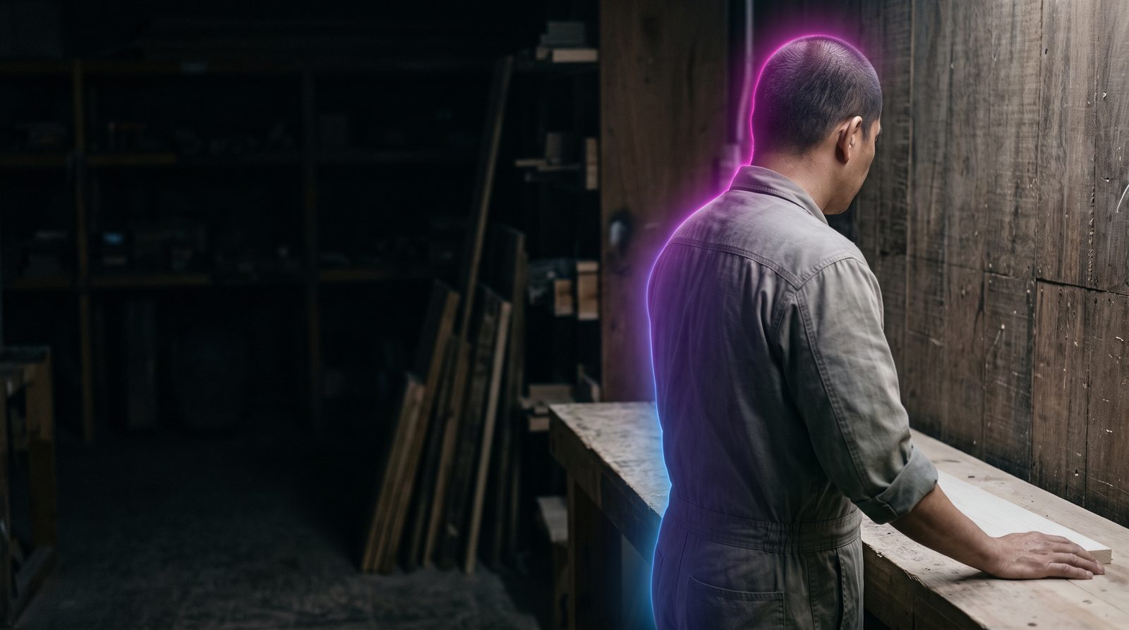 A Filipino carpenter stands at his workbench in a small workshop at the end of the working day.