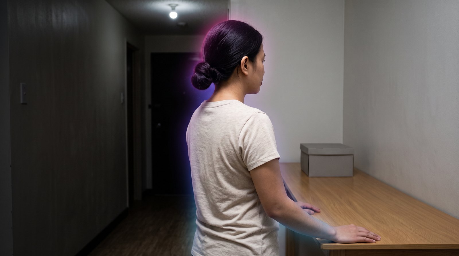A Filipina stands at a small table in her room at home in the evening, a closed box of her civil records in front of her.