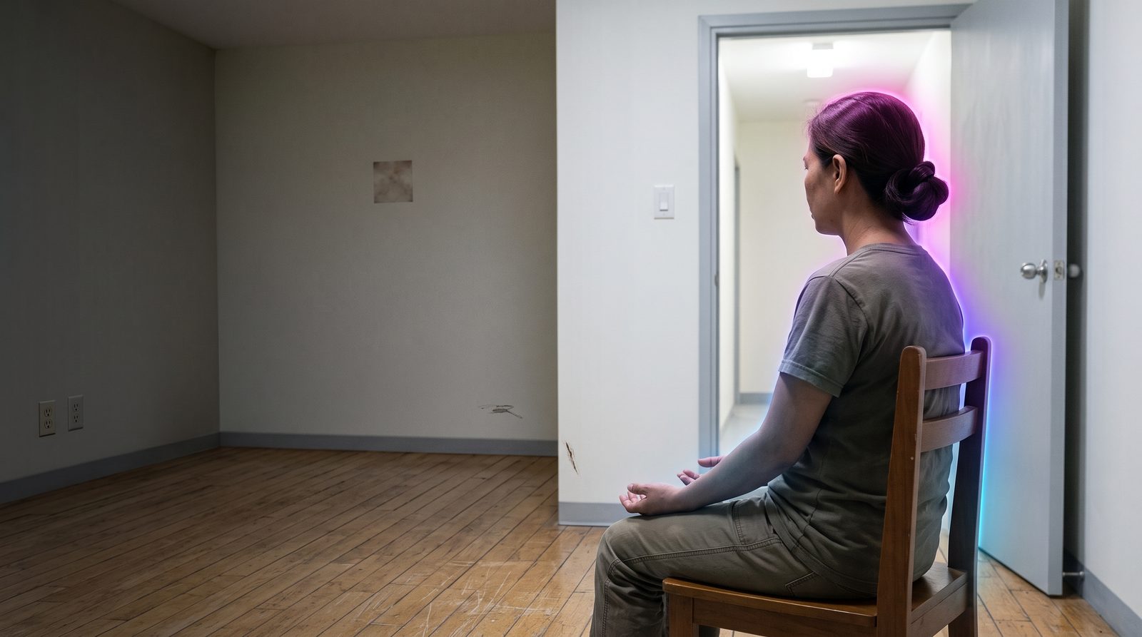 A Filipina worker abroad sits in the open doorway of her room at the end of the day.