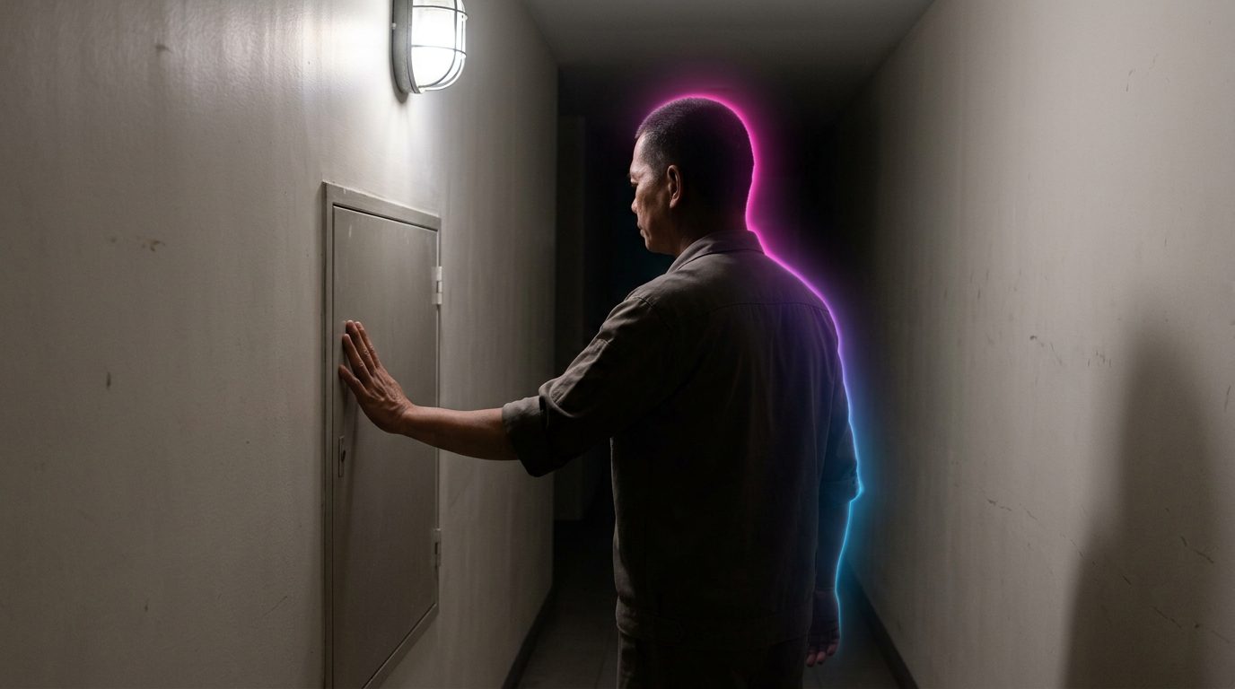 A Filipino maintenance electrician stands in a plain building service corridor at the end of an evening shift, one hand resting on a closed, unmarked metal cabinet door.