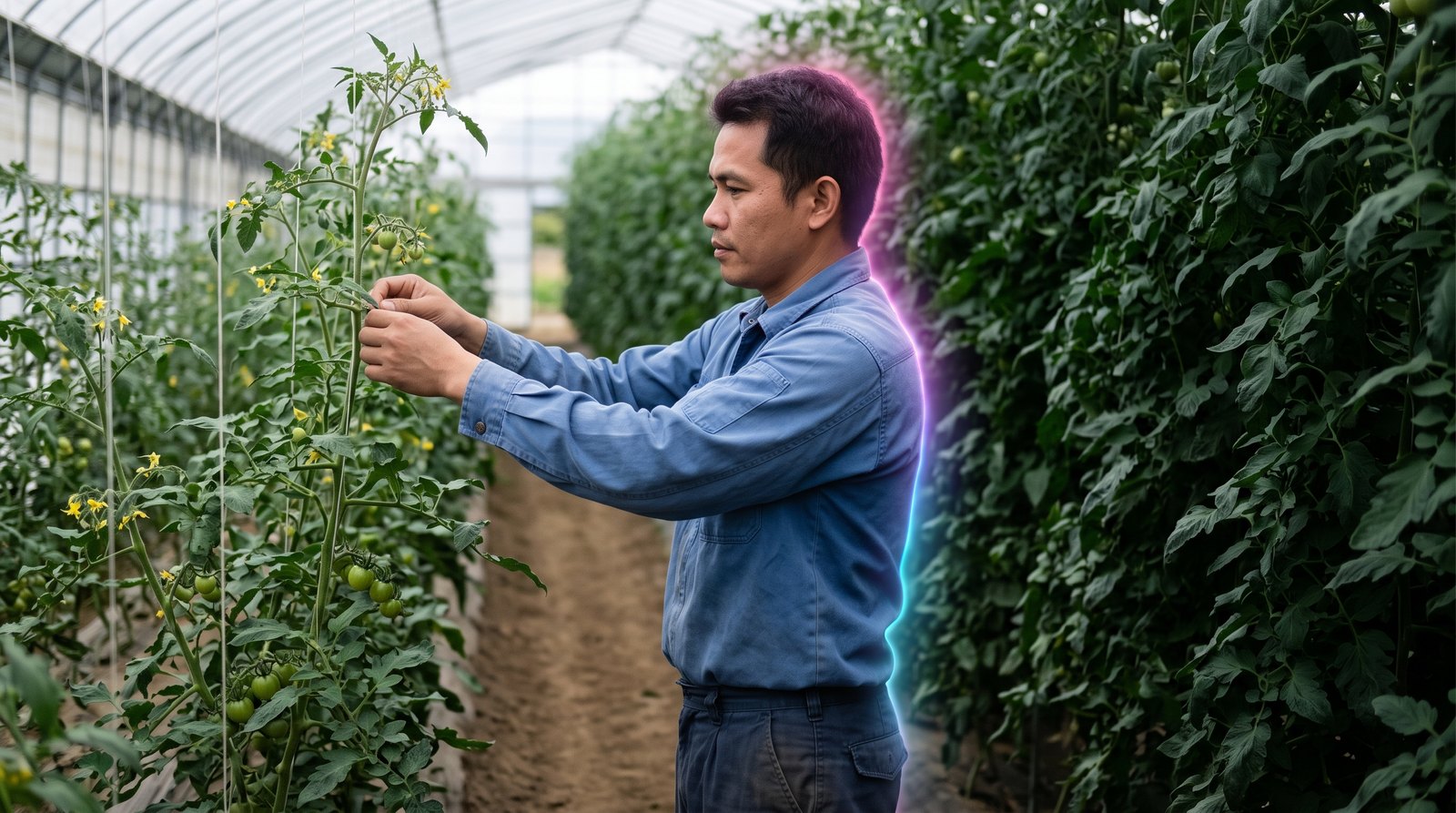 A Filipino worker ties tomato vines to their support strings in a greenhouse in Japan in soft morning light, absorbed in his work.