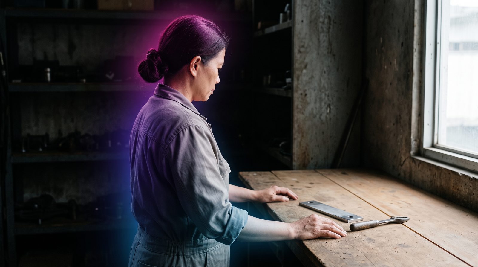 A Filipina maintenance technician stands at her workbench in a small repair workshop during an ordinary shift.