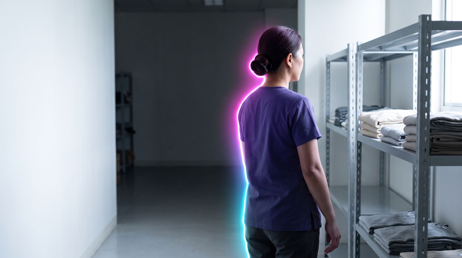 A Filipina worker abroad checks a shelf in a plain supply room during an ordinary day shift.