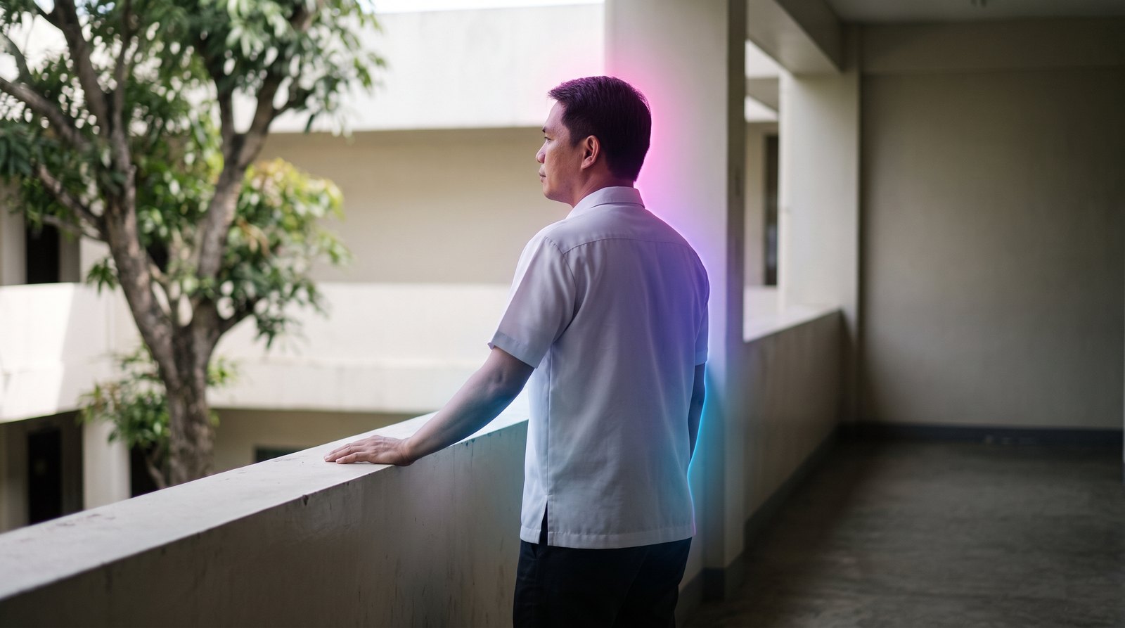 A Filipino public-health program manager pauses on the open corridor of his provincial health office, thinking through a question from his work.