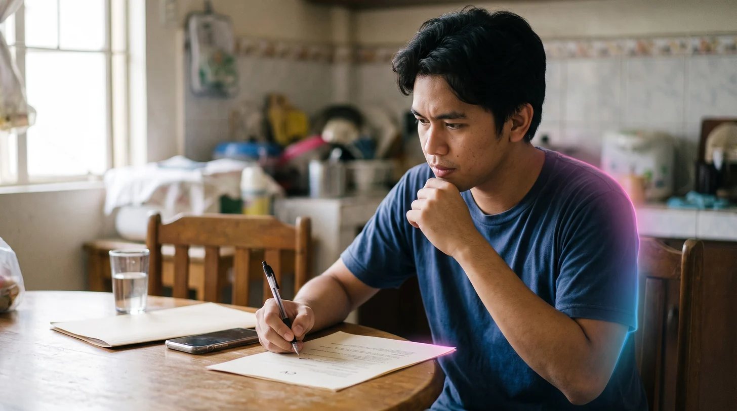Filipino jobseeker reviewing printed cv