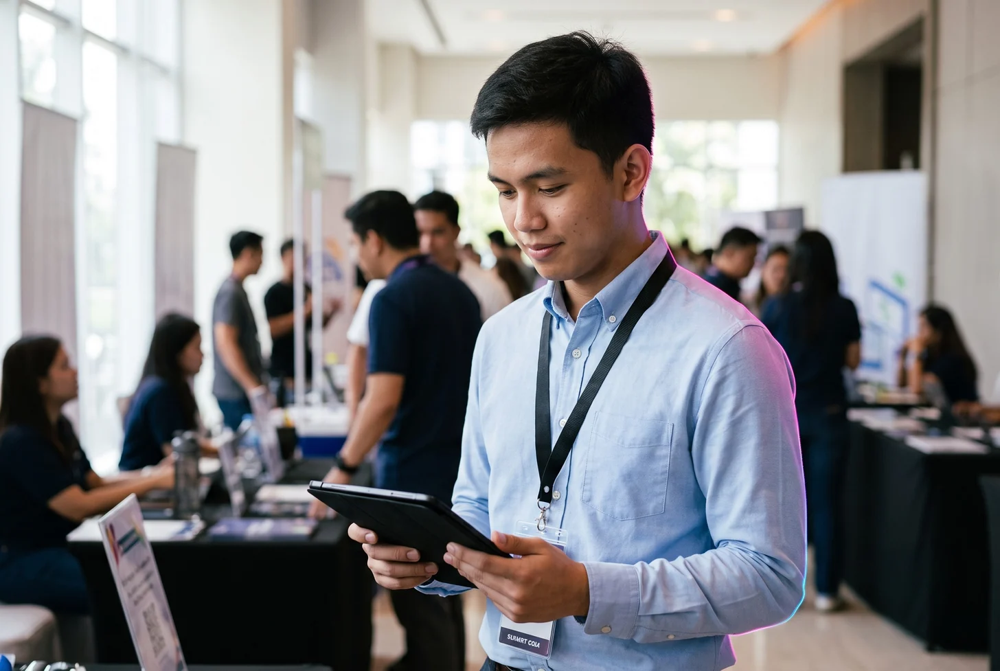 A young Filipino fresh graduate pausing in quiet realization while taking the free Career Readiness check at the summit booth.