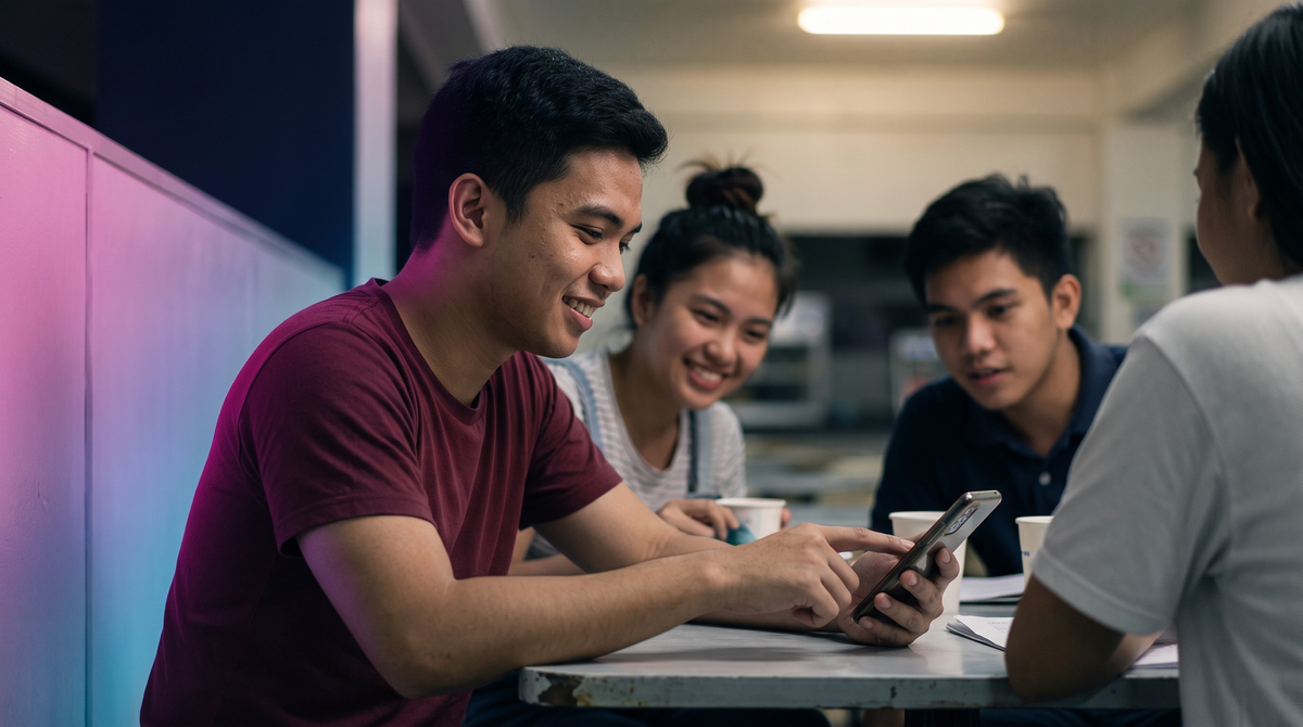 Filipino friends learning together at a laptop, smiling and encouraging one another — the spirit of helping someone you care about take their first step.