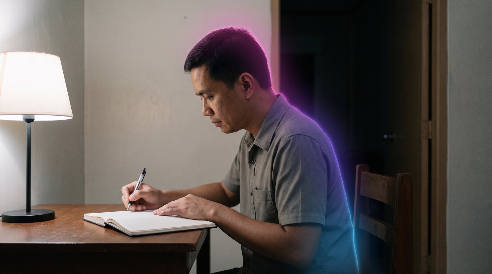 A Filipino teacher at a table in his home in the evening, writing in a notebook his plan for what he will bring back to his department.