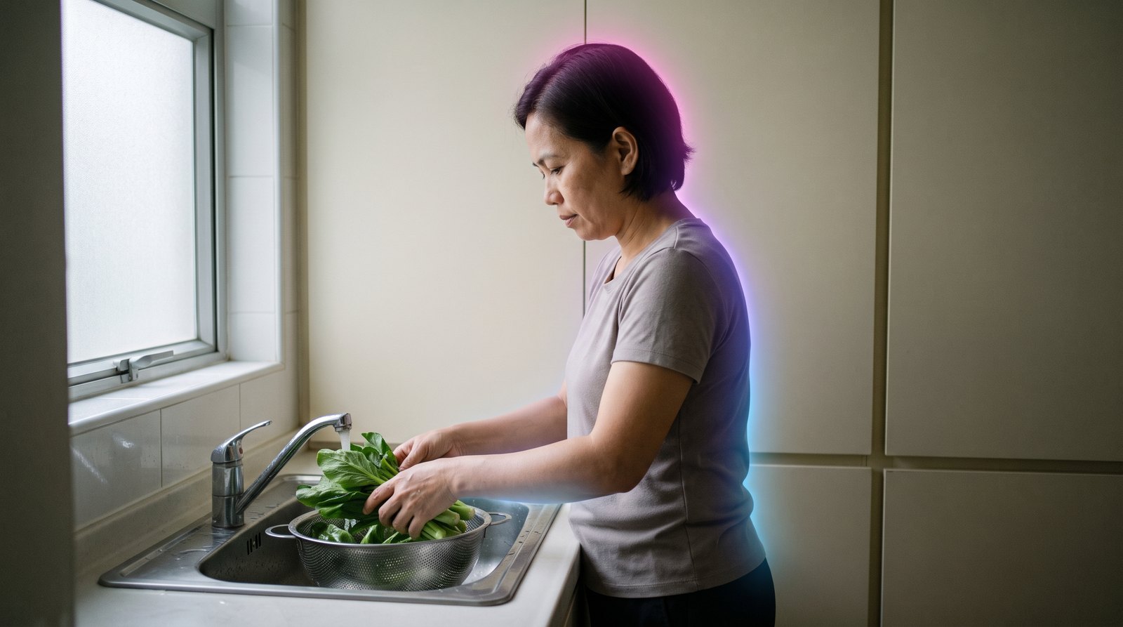 A Filipina domestic worker rinses fresh greens at the sink of a small Hong Kong kitchen in late-morning light, absorbed in her work.