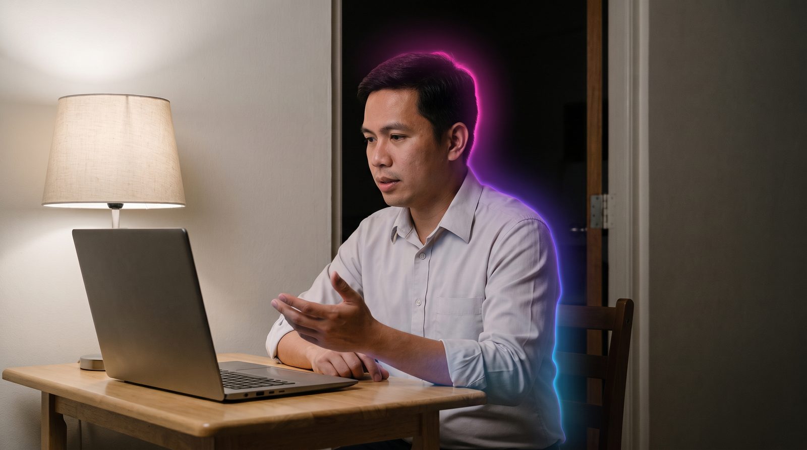 A Filipino man at a table at home speaks during an online interview on a laptop.