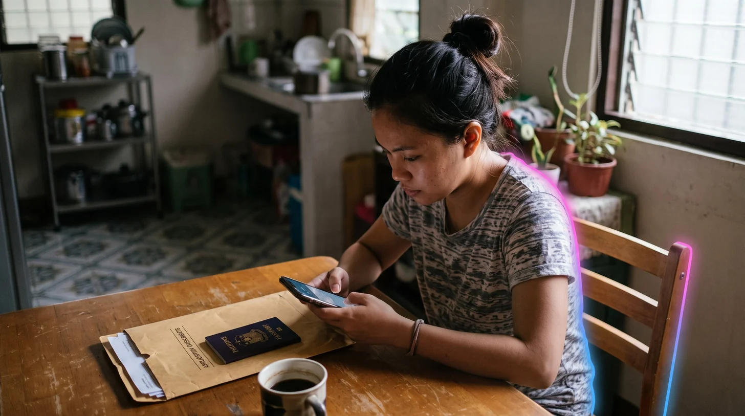 A young Filipina checks a recruitment agency's license on her phone at a kitchen table beside a folder of documents before applying abroad