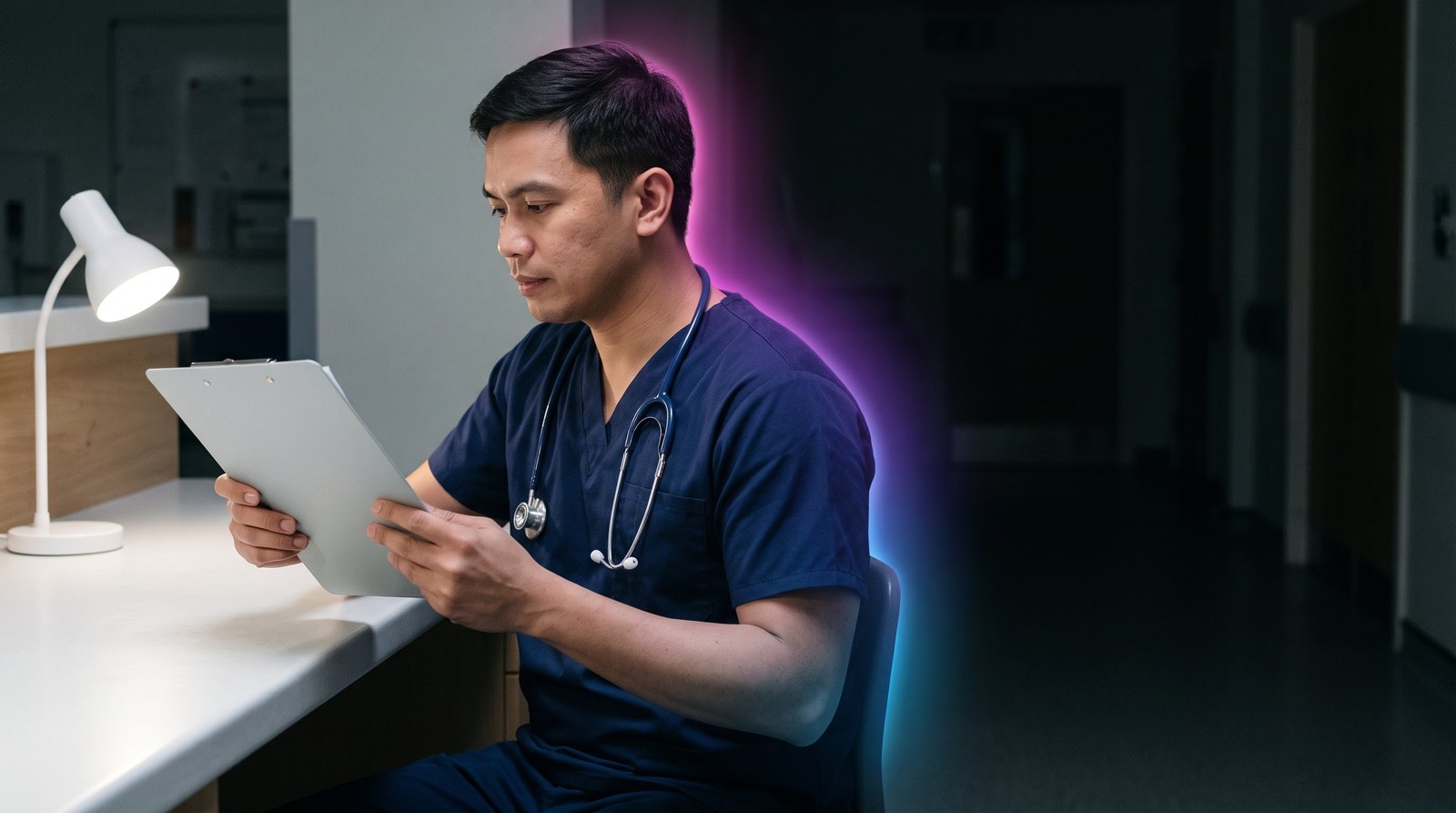 A Filipino nurse in navy scrubs sits at a hospital ward's nurses' station on a quiet night shift, reading a chart by the light of a desk lamp, a stethoscope round his neck.