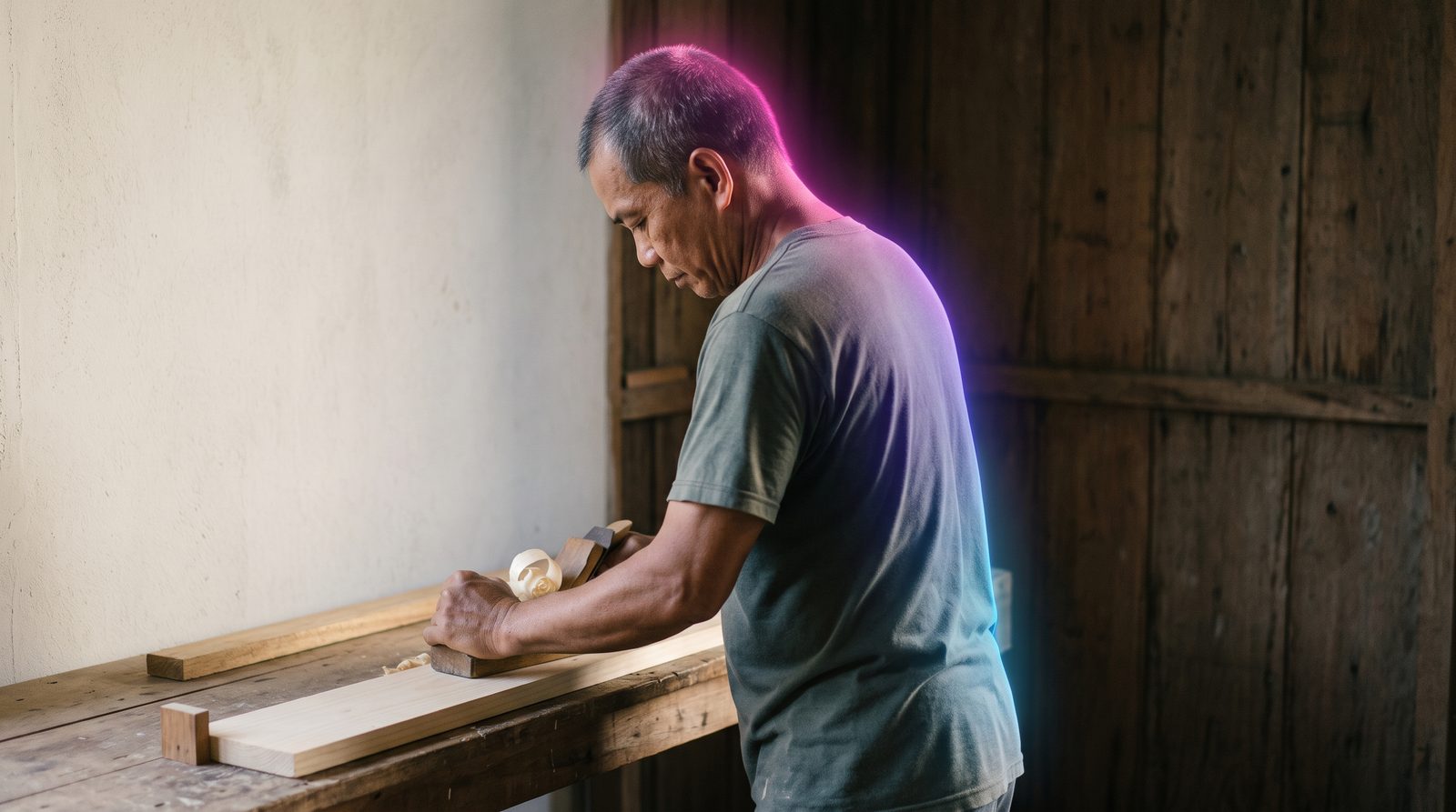 A Filipino father planes a board at the workbench of his home carpentry workshop in late-afternoon sun.