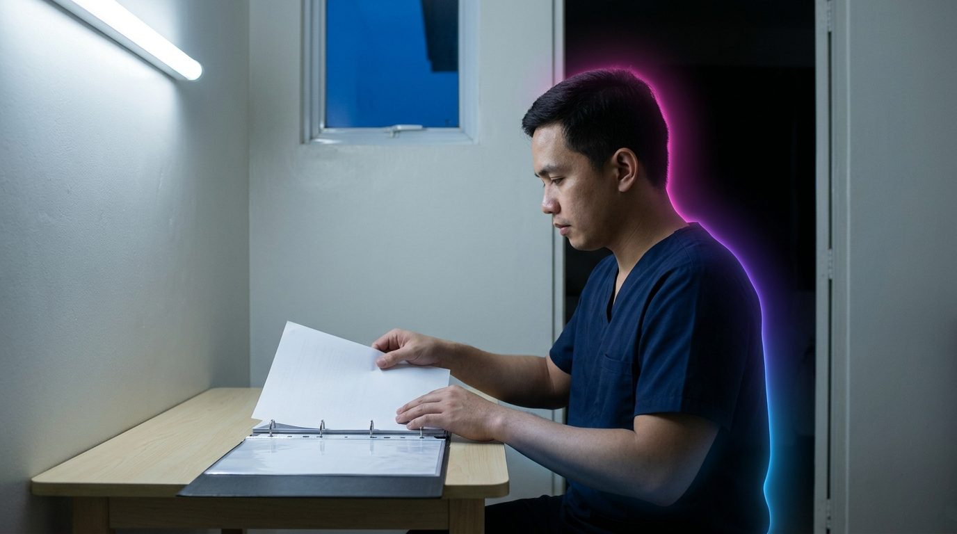 A Filipino nurse in navy scrubs at his kitchen table before dawn, slipping a page into a clear sleeve of his own application binder.