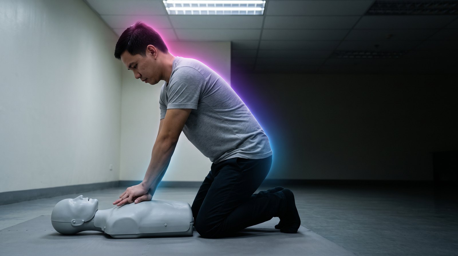 A Filipino nurse in plain clothes practises chest compressions on a training manikin in an empty training room in the Philippines in the evening.