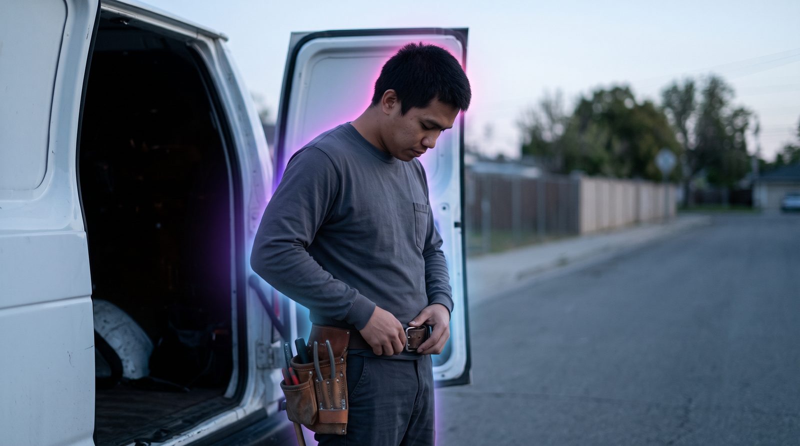 A Filipino electrician fastening his tool belt at the open back of his work van on a quiet street in the early morning, before his first job of the day.