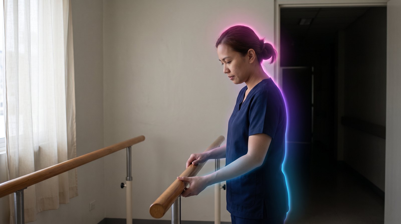 A Filipina physical therapist adjusts the parallel bars in a hospital rehabilitation room in the Philippines.
