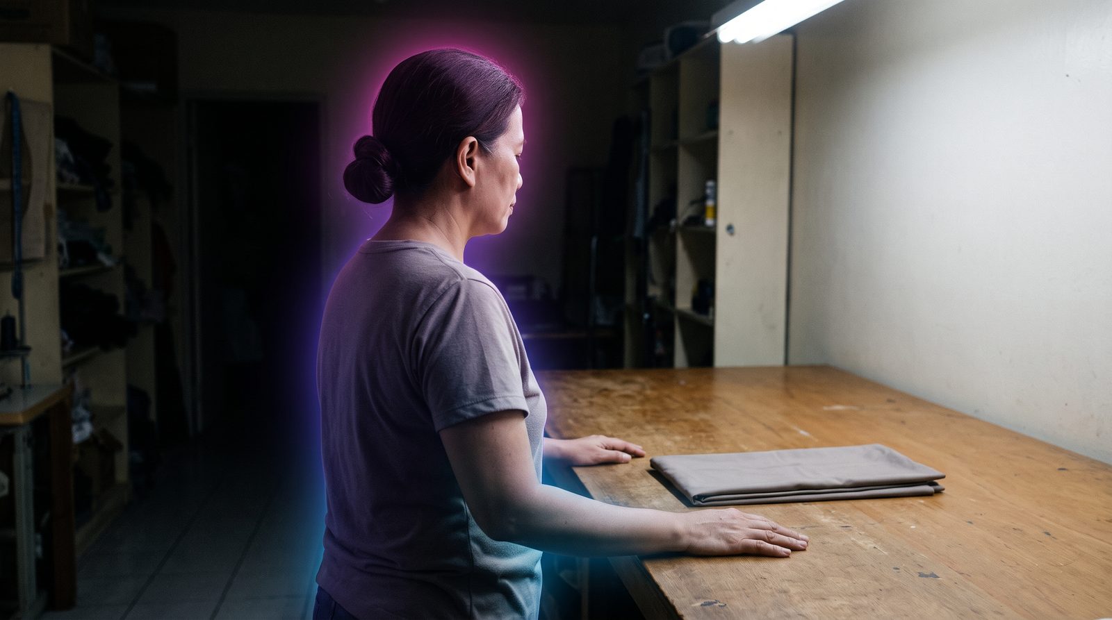 A Filipina alterations tailor stands at a plain wooden cutting table in a small workroom late in the evening, one plain folded length of cloth in front of her, under plain even electric light.