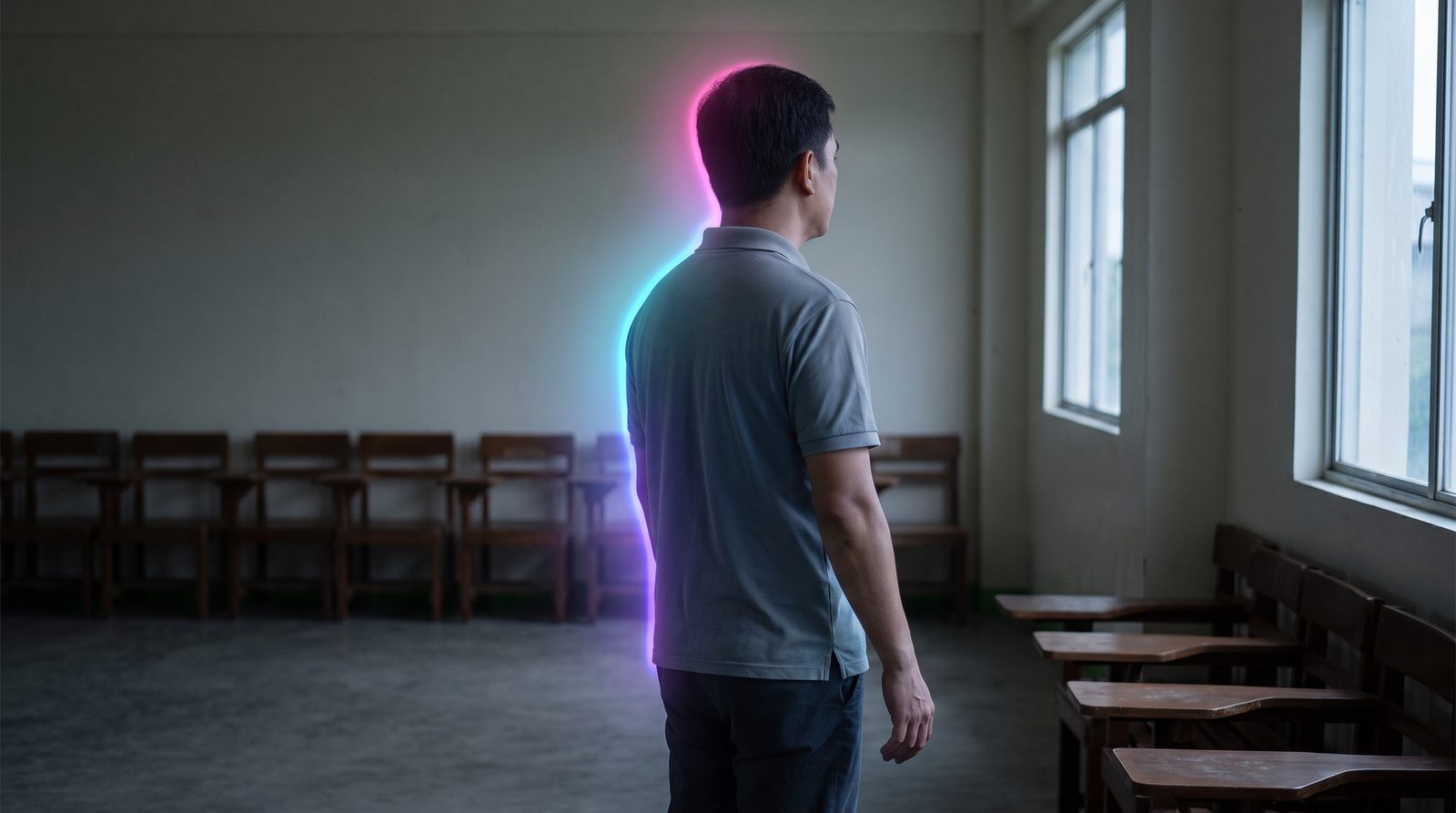 A Filipino teacher stands in an empty classroom abroad at the end of the school day.