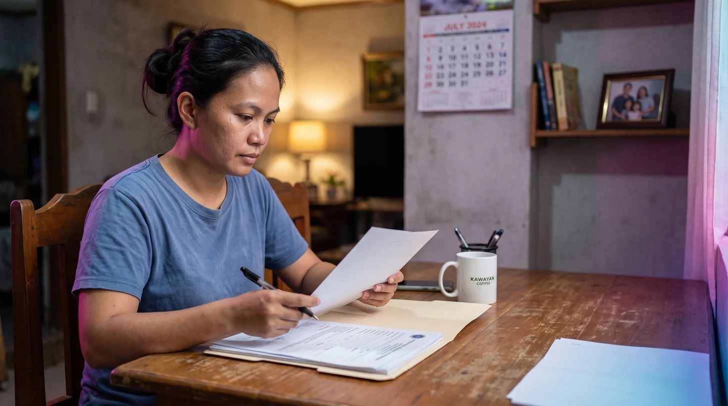 Filipino nurse organizing documents home