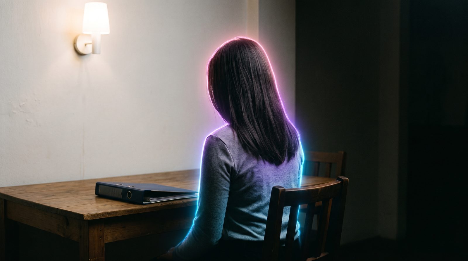 A Filipina nurse at home in the Philippines sits upright before her closed application binder at a small table against a lamp-lit wall on a quiet evening.