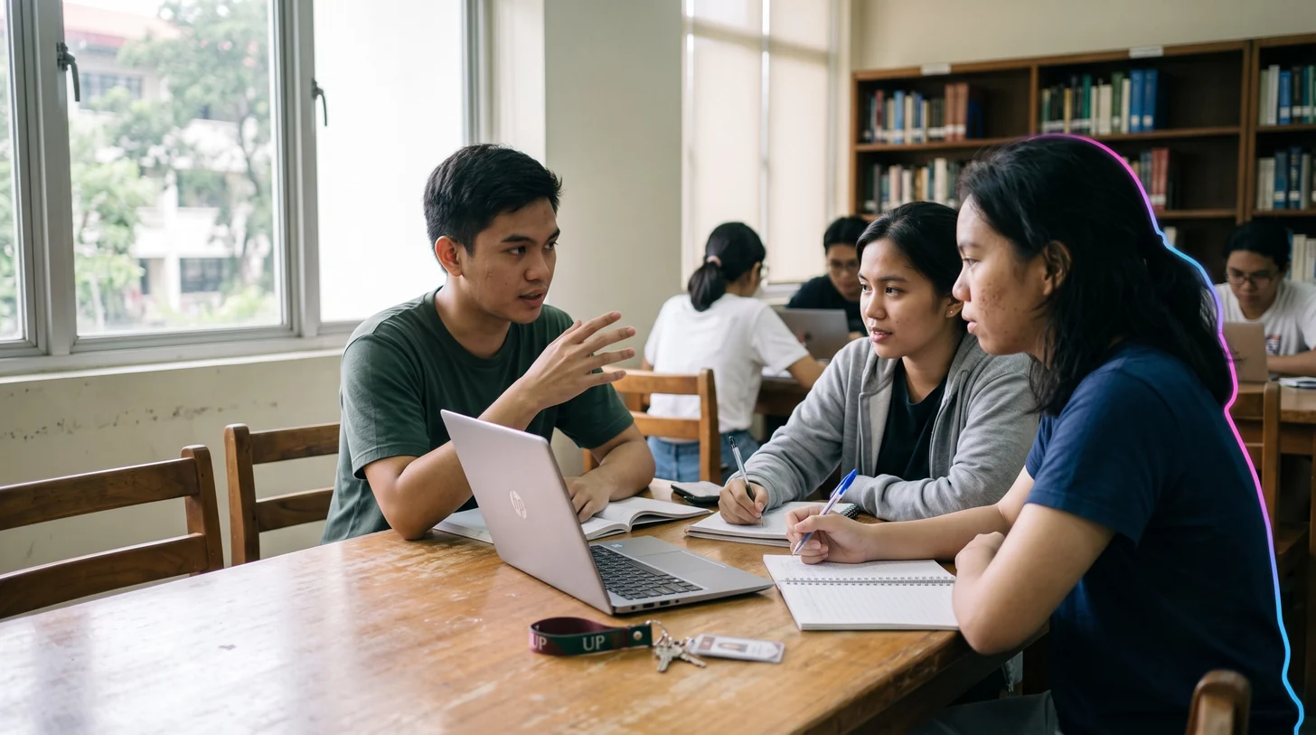Three Filipino students collaborating on a group project around a table, one leaning in to explain an idea while the others follow along on a shared laptop.