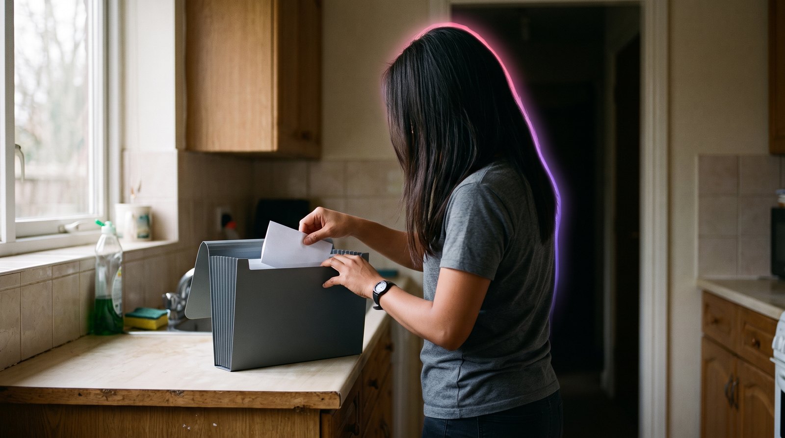 A Filipina worker at the kitchen counter of her rented flat on a bright morning, sliding a folded payslip into her document folder.