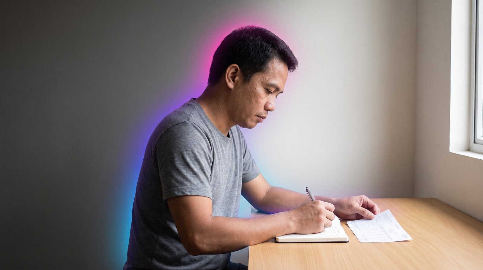 A Filipino worker sits at a small table writing dates and amounts in a notebook beside his pay slip.