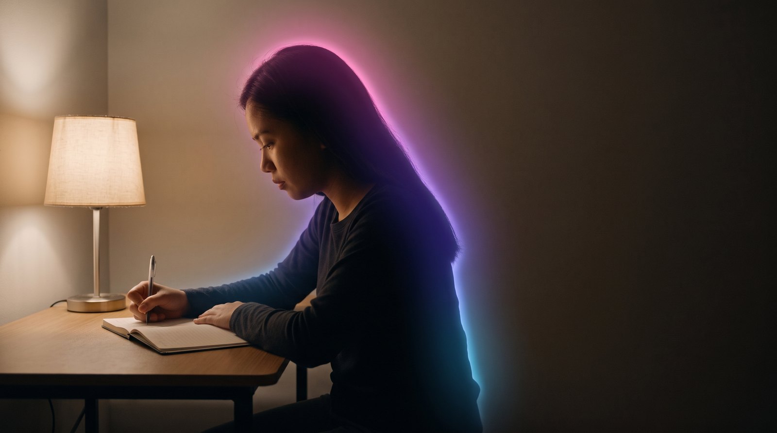 A young Filipina graduate seated at a small desk in the evening, writing a dated entry in the notebook where she logs every job application, interview and agency registration.