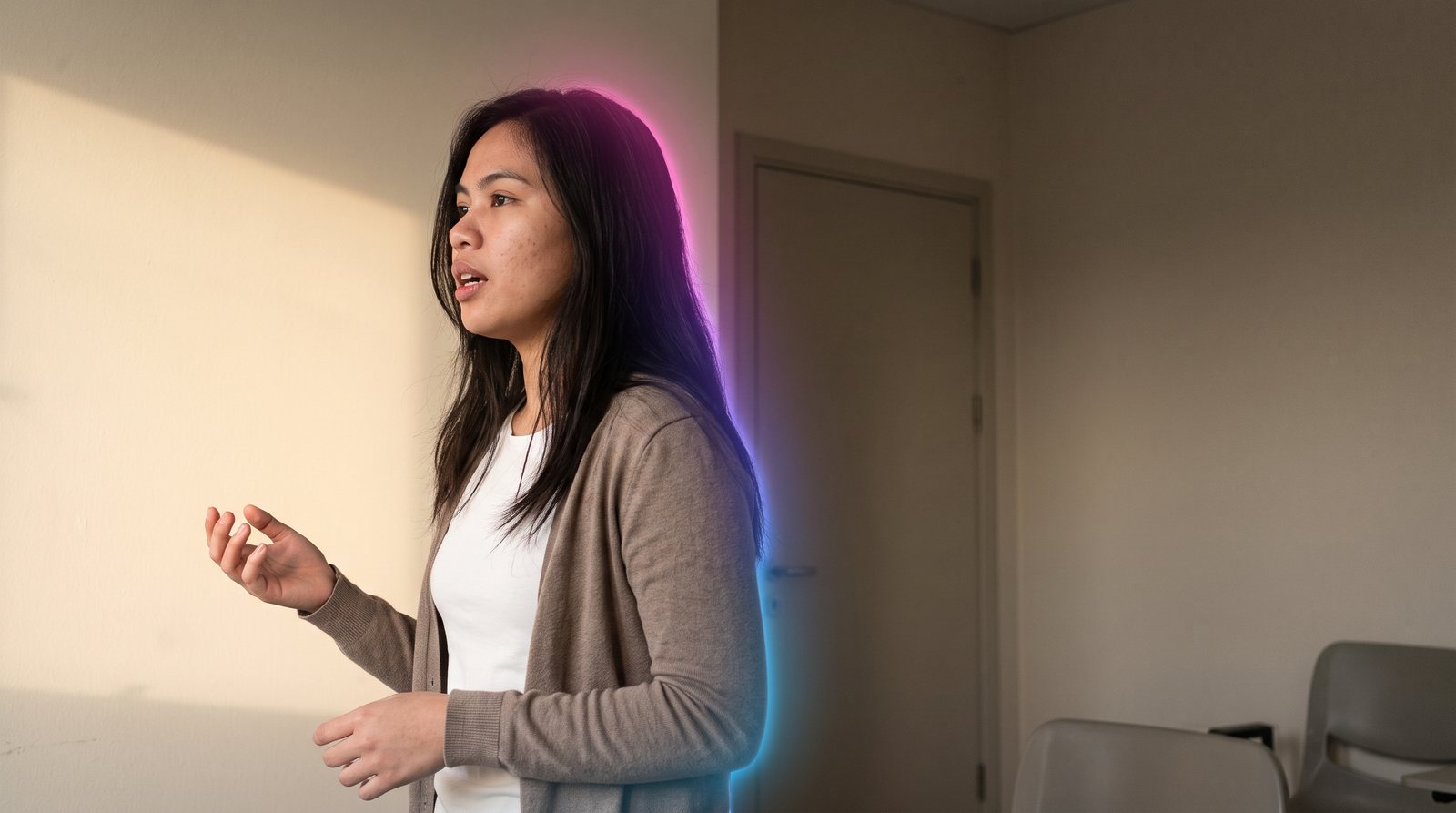 A Filipina scholar stands and speaks Turkish aloud in a small classroom during her Turkish language year, in warm late-afternoon light.