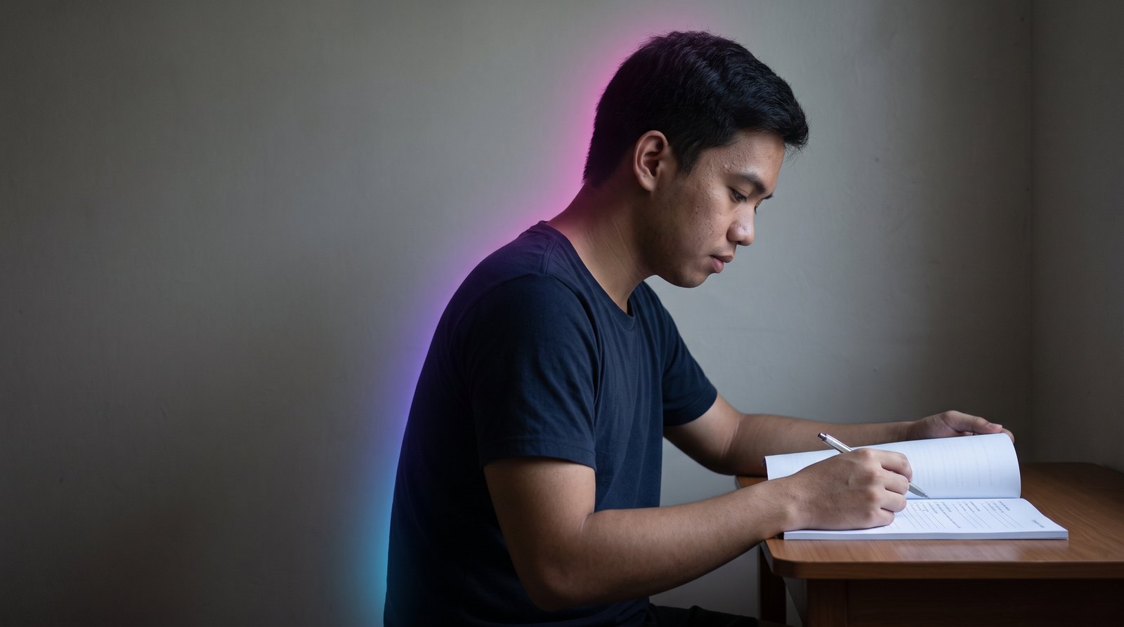 A young Filipino man practises reading aloud from a workbook at a small table at home in the early morning, before the working day.