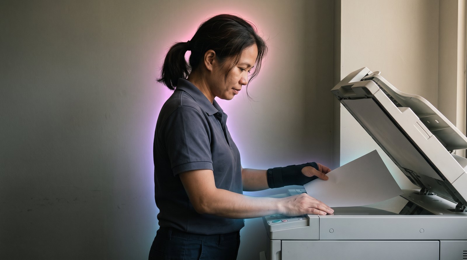 A Filipina worker with her wrist in a splint places her medical certificate face down on a photocopier, keeping a copy before she hands in the original.