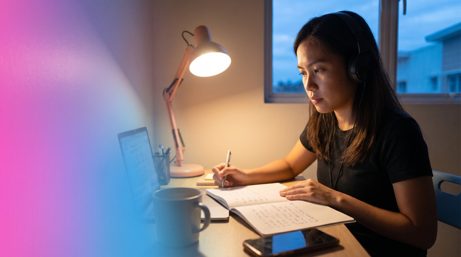 A young Filipino studying Japanese at home in the evening, long before booking anything