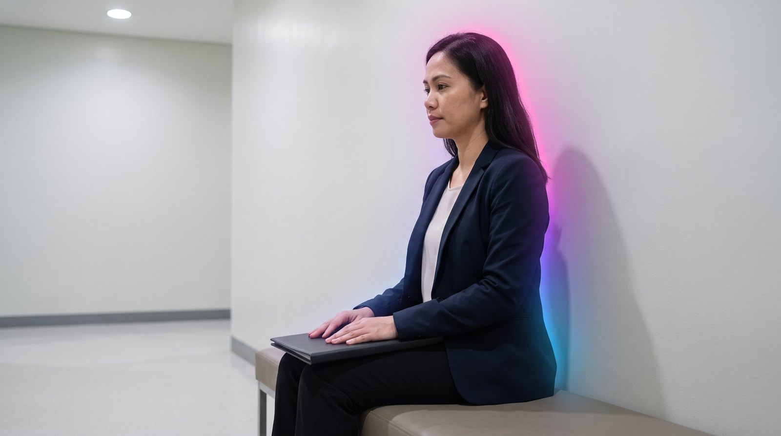 A Filipina worker in a navy blazer sits upright on a bench in a quiet office waiting area, a closed folder of her papers on her lap, waiting for her hearing.