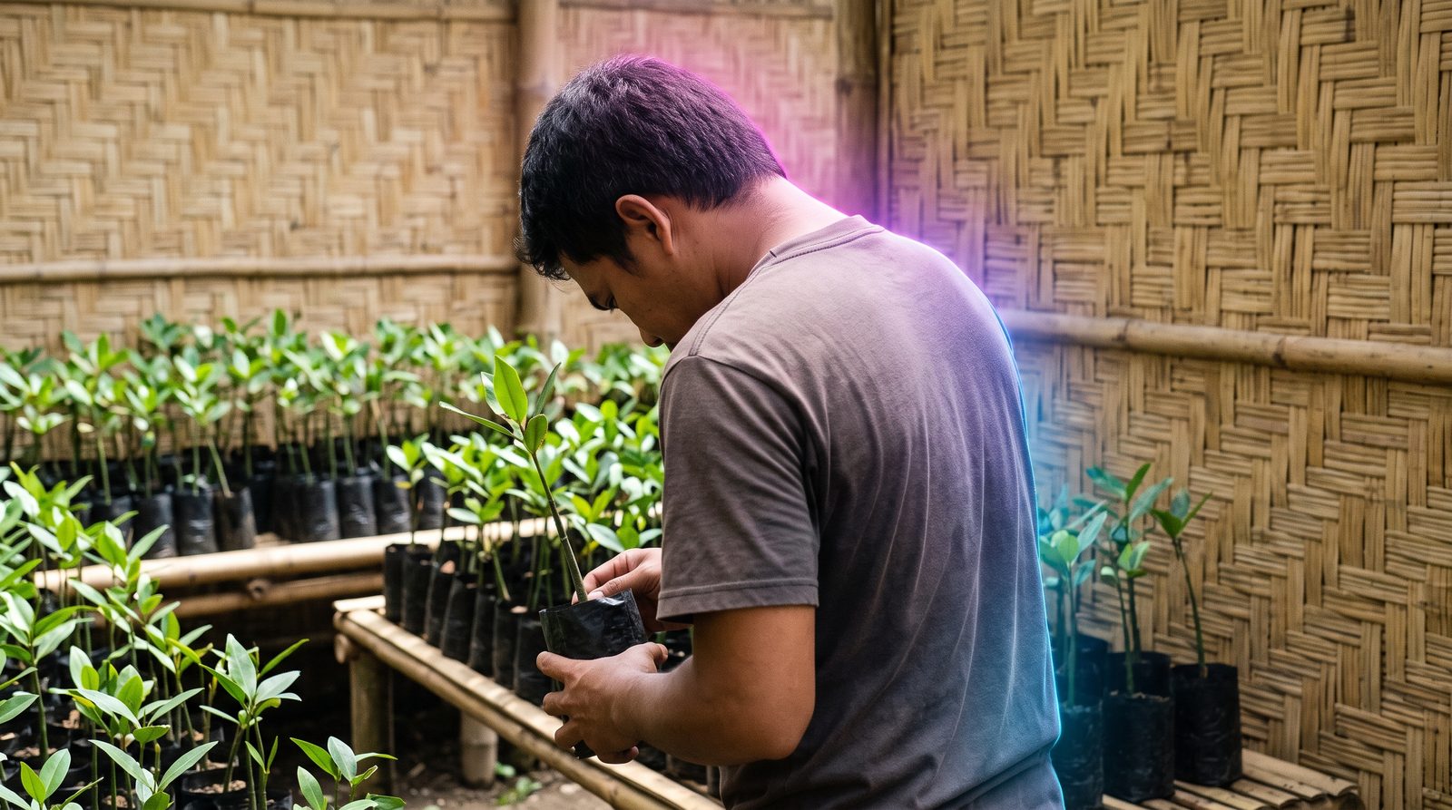 A Filipino professional checks a young mangrove seedling at a community nursery on the coast.